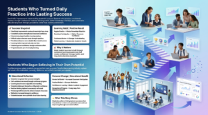 Diverse students practicing together in a modern classroom while using digital learning tools, building confidence, improving study habits, and achieving long-term academic success.