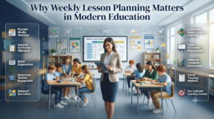 Premium educational infographic showing why weekly lesson planning improves classroom organisation, student engagement, assessment, and curriculum delivery through interactive learning.