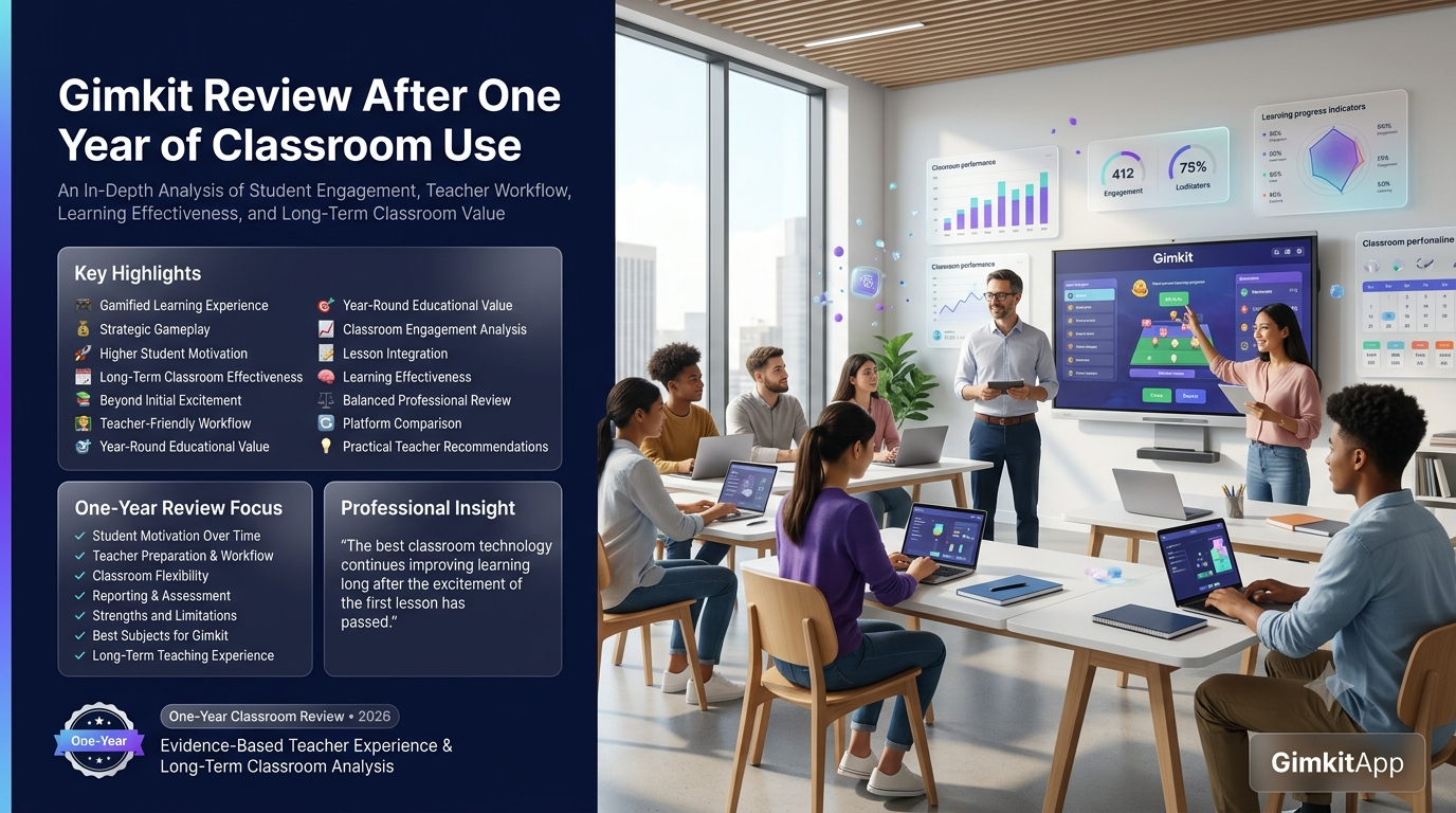 Gimkit Review After One Year of Classroom Use | Latest 50+ Premium editorial website hero banner featuring a teacher reviewing Gimkit after one year of classroom use, with students engaged in game-based learning, performance analytics, classroom reports, and professional infographic panels highlighting long-term educational value.Gimkit Review After One Year of Classroom Use: Long-Term Teacher Experience & Classroom Performance (2026)