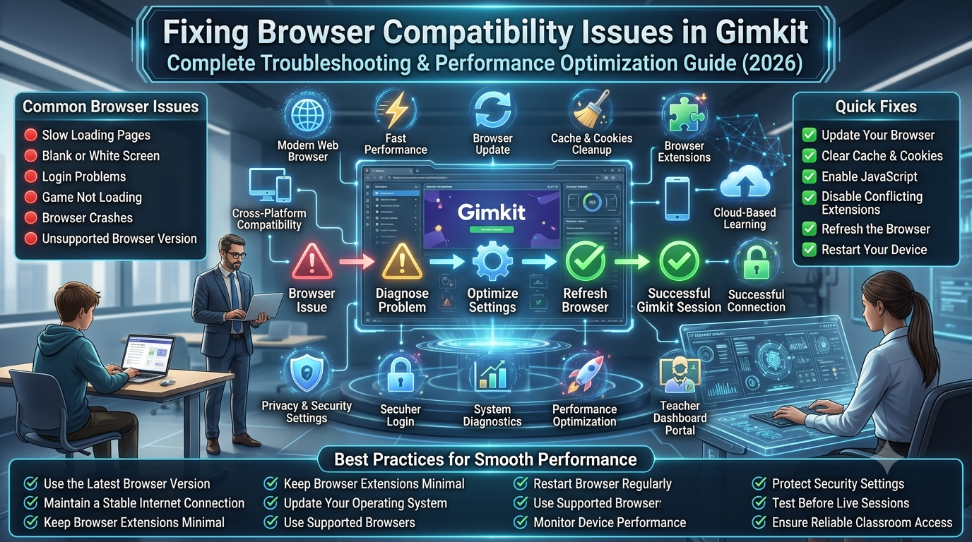 Educational technology infographic showing a browser compatibility troubleshooting dashboard with teachers and students fixing loading errors, login issues, browser updates, cache cleanup, JavaScript settings, and performance optimization for smooth Gimkit access.Fixing Browser Compatibility Issues in Gimkit: Complete Troubleshooting Guide (2026)