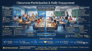 Premium educational infographic comparing classroom participation, daily engagement, and knowledge retention through gamified learning and traditional teaching methods in a modern classroom environment.