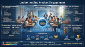 Premium educational infographic explaining student engagement through behavioral, emotional, cognitive, and social learning dimensions while comparing gamification and traditional learning in a modern classroom.