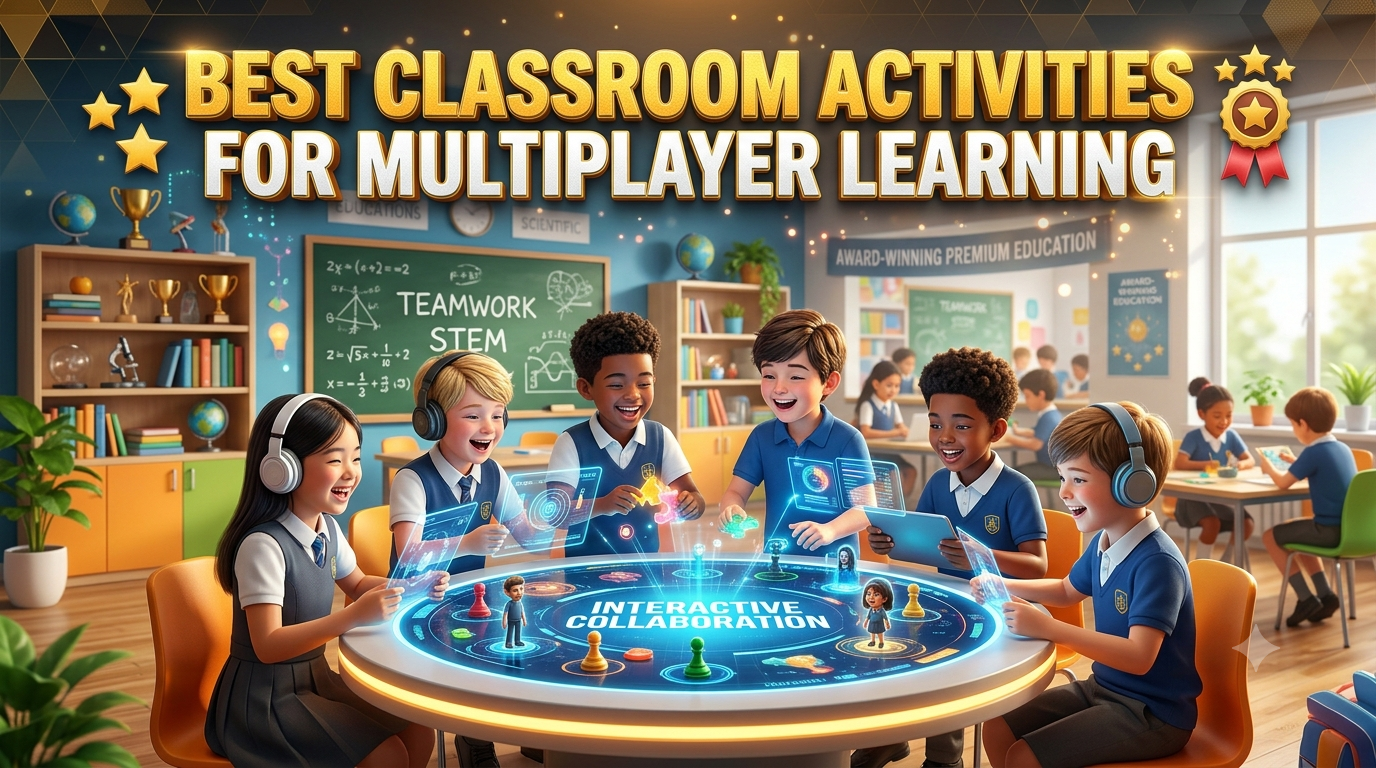 Premium 16:9 educational hero banner showing a teacher leading multiplayer classroom learning activities where students collaborate in teams using interactive smart displays, educational games, tablets, and digital learning technology in a modern classroom.Best Classroom Activities for Multiplayer Learning