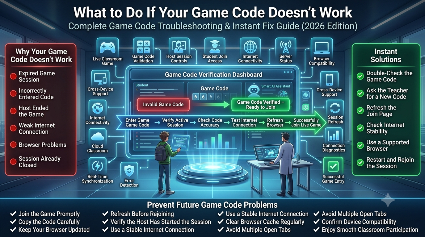 Educational infographic showing how to fix a non-working classroom game code by verifying the session, checking internet connectivity, refreshing the browser, and successfully joining a live educational game.What to Do If Your Game Code Doesn't Work – Complete Troubleshooting Guide (2026)
