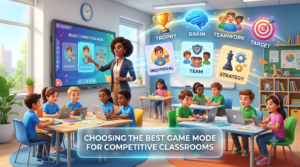 Premium 16:9 educational banner showing a teacher selecting different competitive game modes on a smart classroom display while students participate in individual, team-based, and strategy-focused learning activities with modern educational technology.