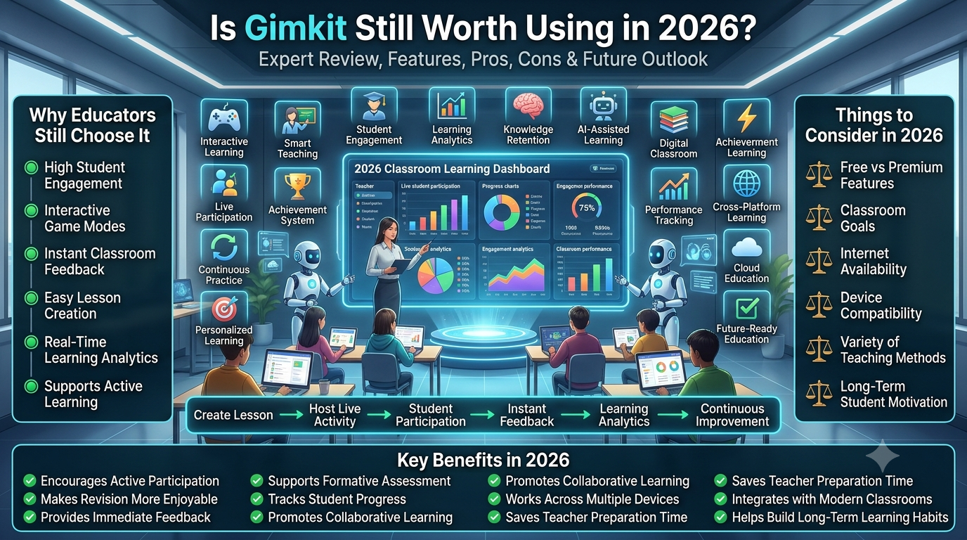 Educational technology infographic showing a futuristic smart classroom where teachers and students use an interactive learning platform with live engagement, learning analytics, AI-assisted teaching, and game-based education in 2026.Is Gimkit Still Worth Using in 2026? Expert Review, Features & Classroom Guide