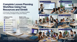 Premium editorial website hero banner showing a teacher using a complete lesson planning workflow with free teaching resources and Gimkit, featuring lesson stages, classroom activities, digital review games, student collaboration, and educational infographic panels.