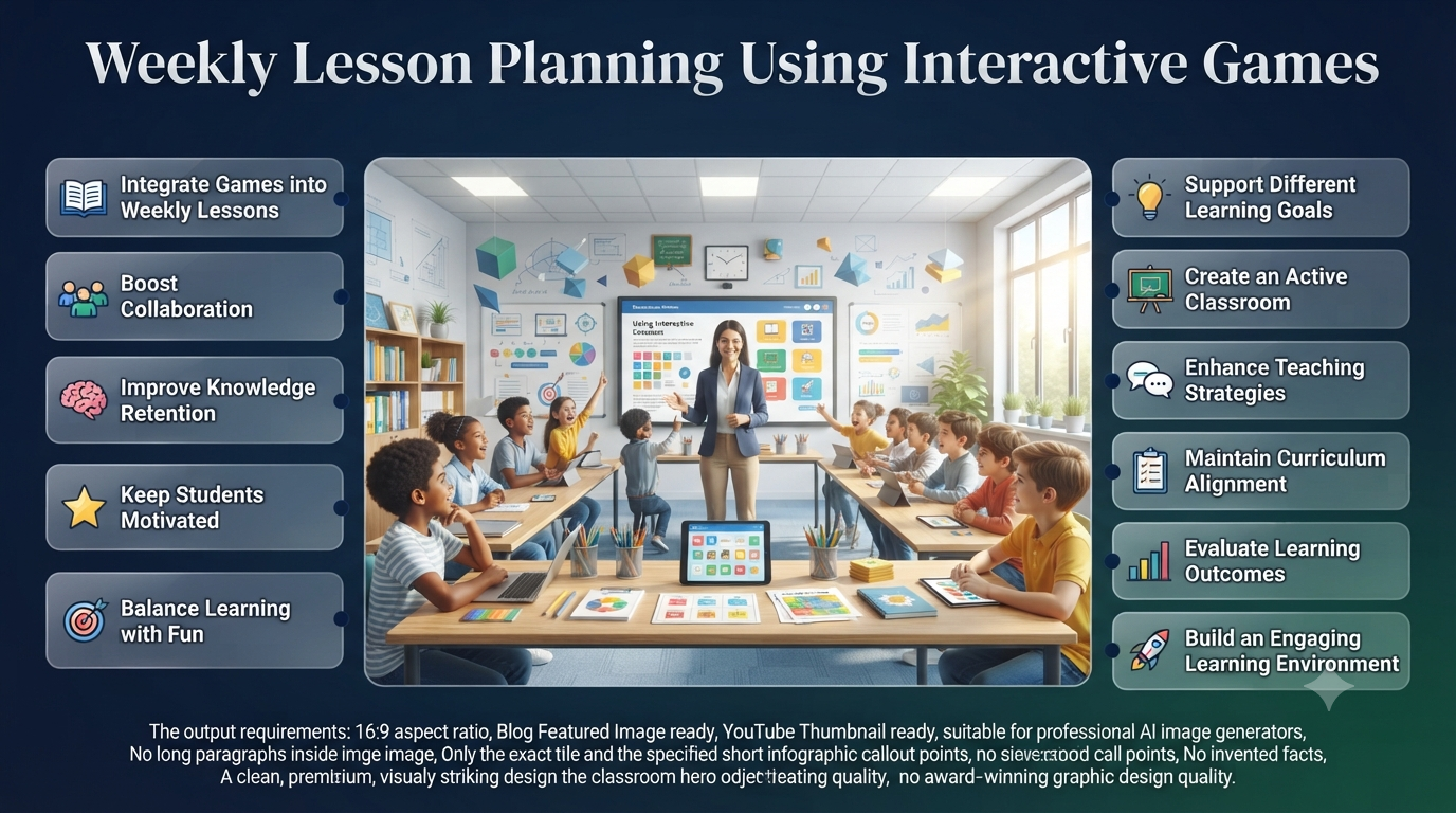 Professional infographic illustrating weekly lesson planning using interactive educational games to improve student engagement, collaboration, motivation, and learning outcomes.Weekly Lesson Planning Using Interactive Games for Better Learning