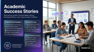 Premium editorial website hero banner featuring diverse students achieving academic success with Gimkit, showing subject mastery, classroom progress, knowledge retention, learning confidence, and elegant infographic panels highlighting academic growth.