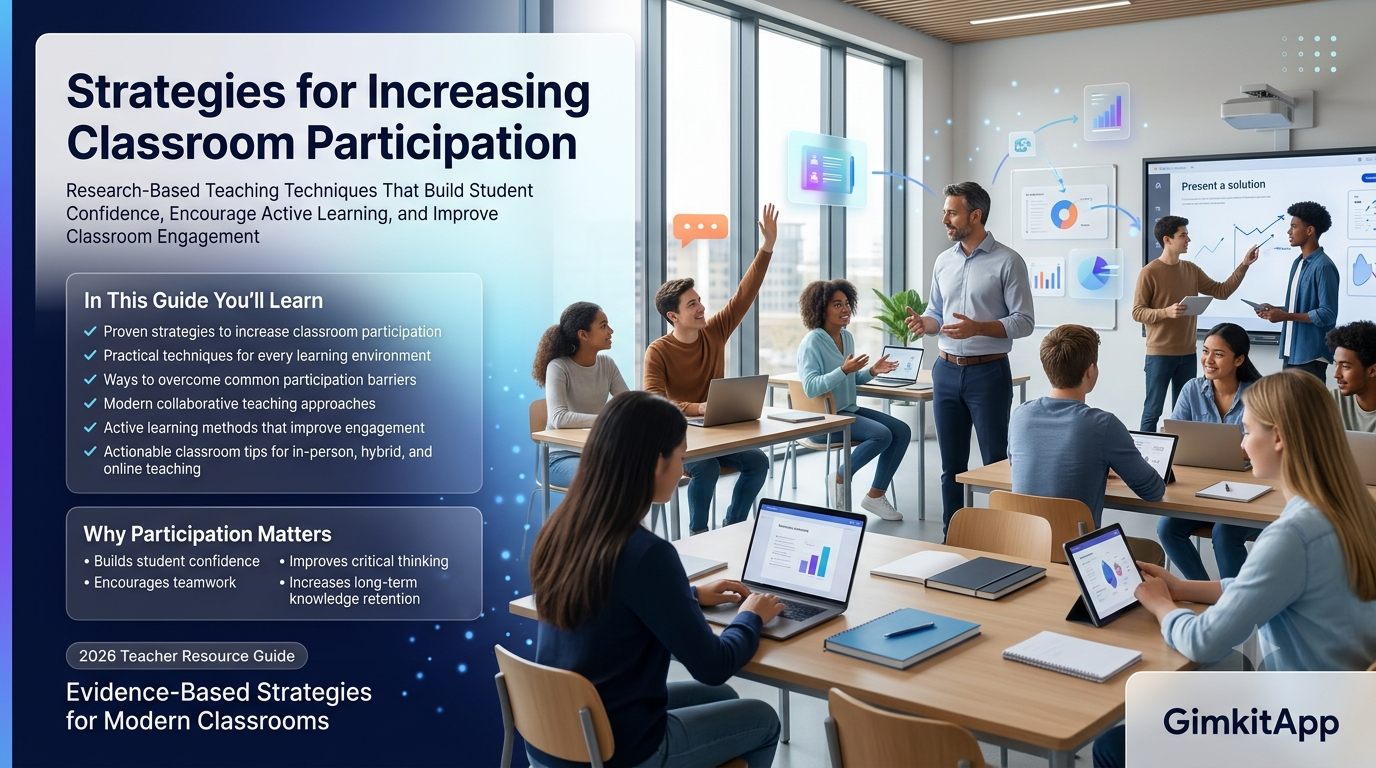Premium editorial website hero banner featuring a modern smart classroom where students actively participate in discussions with a supportive teacher, alongside professional infographic panels highlighting classroom participation strategies, student engagement techniques, and active learning methods.Strategies for Increasing Classroom Participation: The Complete Guide to Student Engagement & Active Learning (2026)