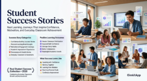 Premium editorial website hero banner featuring diverse students achieving classroom success with Gimkit, showing confidence, academic improvement, teamwork, personal growth, and elegant infographic panels highlighting real student learning journeys.