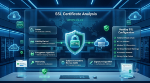 Futuristic cybersecurity dashboard displaying SSL certificate analysis with HTTPS encryption, certificate validation, TLS security, and secure website connection monitoring.SSL Certificate Analysis & HTTPS Security Guide