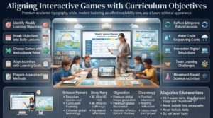 Professional educational infographic showing how interactive games align with curriculum objectives through structured lesson planning, learning goals, and student-centred activities.