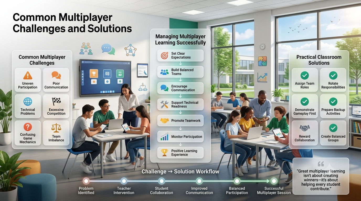Educational infographic showing common multiplayer classroom challenges, practical teamwork solutions, and teacher-guided collaborative learning in a modern classroom.Common Multiplayer Challenges and Solutions – Collaborative Classroom Guide (2026)