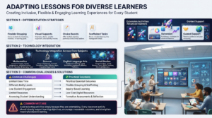 Professional educational infographic illustrating differentiation strategies, technology integration, classroom challenges, and inclusive teaching methods for diverse learners in modern education.