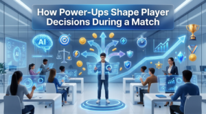 Premium 16:9 educational gaming hero banner showing students making strategic power-up decisions during a competitive classroom match with decision pathways, momentum growth, leaderboard visuals, timing icons, and futuristic classroom technology.