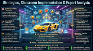 Educational infographic illustrating classroom strategies for integrating Gimkit seasonal events into daily lessons, featuring student progression, teacher implementation, classroom workflow, motivation techniques, and knowledge retention in a futuristic gaming-inspired design.