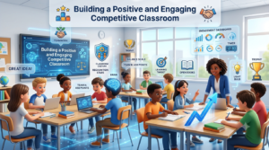 Premium 16:9 educational banner showing a teacher guiding students through collaborative competitive learning with team discussions, classroom reflection, positive recognition, focused learning environment, and balanced game difficulty in a modern smart classroom.