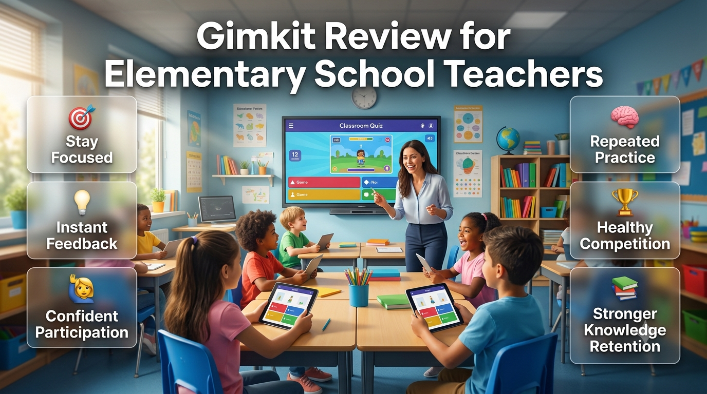 Elementary students using Gimkit in a colorful classroom with interactive quizzes, instant feedback, engaged learning, and modern educational technology.Gimkit Review for Elementary School Teachers | Interactive Learning