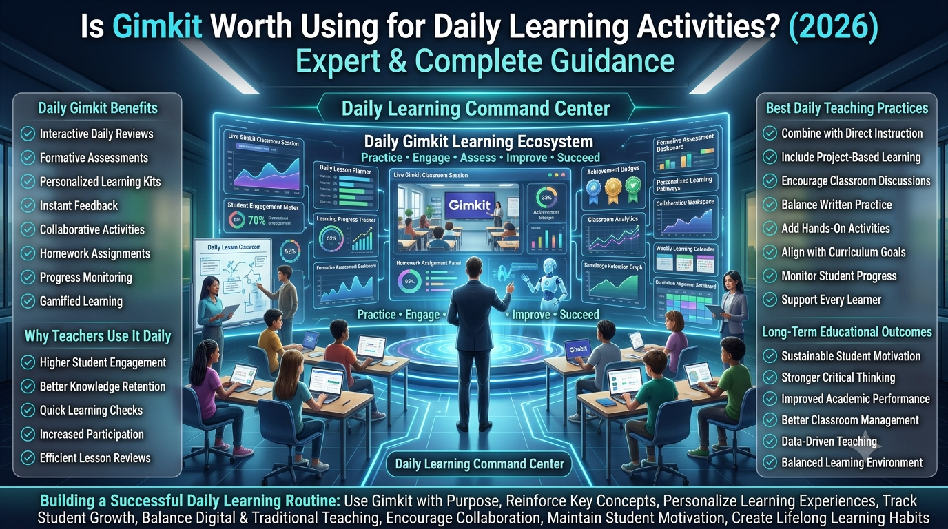 Premium 16:9 educational technology infographic showing how Gimkit supports daily learning through gamified lessons, formative assessment, personalized learning, classroom analytics, AI-powered teaching tools, and balanced instructional strategies.Is Gimkit Worth Using for Daily Learning Activities? Expert Guide (2026)