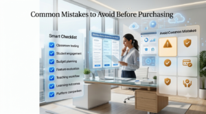 Premium 16:9 hero banner featuring a teacher reviewing a subscription checklist, warning icons, decision board, verified checklist, and educational technology dashboard before purchasing a subscription.