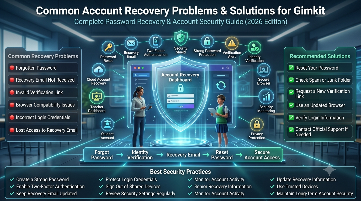 Cybersecurity infographic showing a secure account recovery dashboard with password reset, email verification, identity confirmation, security shield, teacher and student accounts, and solutions for common login recovery problems.Common Account Recovery Problems & Solutions for Gimkit (2026 Guide)