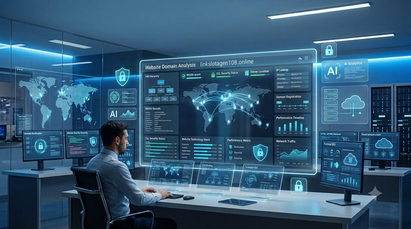 Cybersecurity expert analyzing linkslotagen108.online domain records, DNS infrastructure, WHOIS information, SSL security, and website technical data on futuristic holographic displays.linkslotagen108.online -play Information & Lookup Data