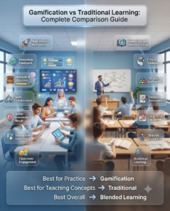 Gamification vs Traditional Learning infographic comparing classroom engagement, student motivation, knowledge retention, collaboration, assessment methods, and blended learning strategies in a modern educational environment.