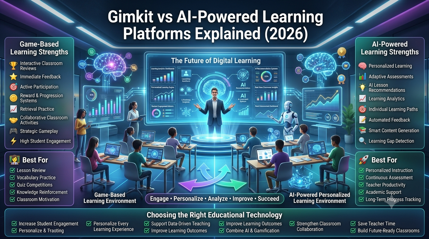 Premium 16:9 educational technology infographic comparing game-based learning with AI-powered learning platforms, highlighting classroom engagement, adaptive learning, personalized instruction, learning analytics, teacher productivity, and future-ready education.Gimkit vs AI-Powered Learning Platforms Explained: Complete Guide (2026)