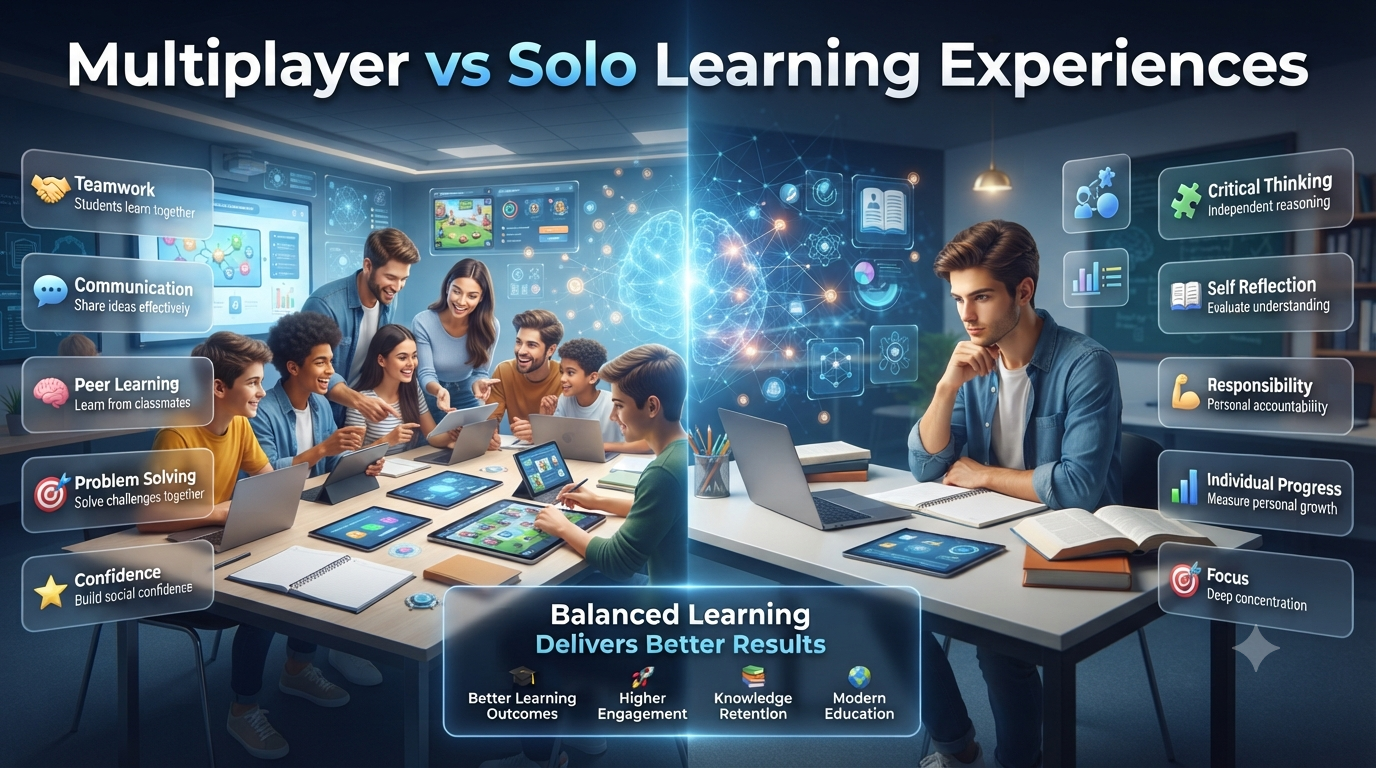 Modern educational infographic comparing multiplayer and solo learning experiences, highlighting teamwork, independent study, classroom engagement, critical thinking, and student success. Multiplayer vs Solo Learning Experiences: Which Learning Style Wins?