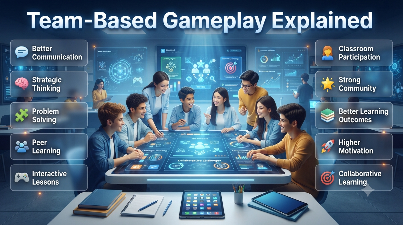 Professional infographic illustrating Team-Based Gameplay Explained with students collaborating, strategic learning, teamwork, communication, problem-solving, and interactive classroom activities. Team-Based Gameplay Explained: Collaborative Learning Benefits Guide