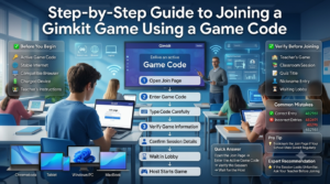 Step-by-step Gimkit joining infographic showing opening the Join page, entering a game code, verifying session details, and waiting in the game lobby.