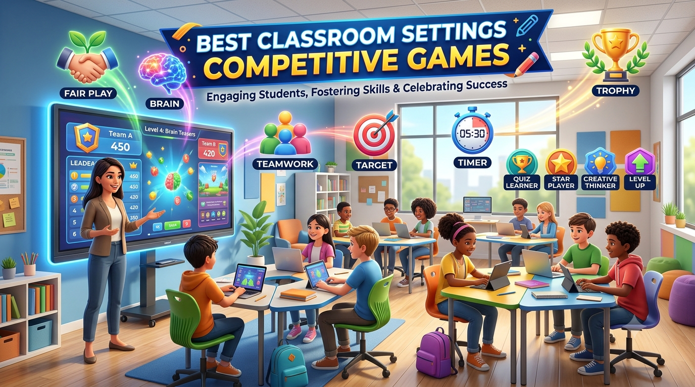 Premium 16:9 educational banner showing a modern classroom with a teacher leading a competitive learning game, students collaborating at digital desks, a large interactive game leaderboard, balanced game settings dashboard, teamwork icons, timer, trophy, and classroom management interface.Best Classroom Settings for Competitive Games