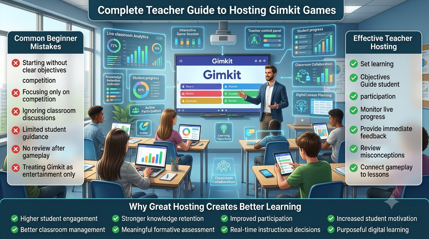 Educational infographic showing a teacher hosting a live Gimkit classroom session with real-time student analytics, interactive learning dashboards, classroom management tools, and engaged students using digital devices.Complete Teacher Guide to Hosting Gimkit Games: Why Effective Hosting Matters (2026)