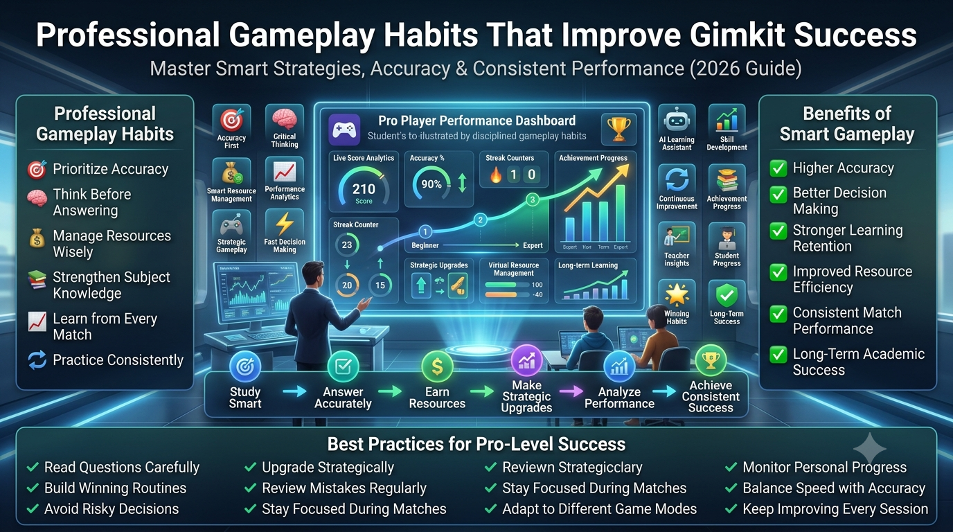 Educational gaming infographic showing a student developing professional gameplay habits through strategic decision-making, accuracy, resource management, AI learning analytics, and continuous improvement in a futuristic digital classroom.Professional Gameplay Habits That Improve Gimkit Success (2026 Expert Guide)