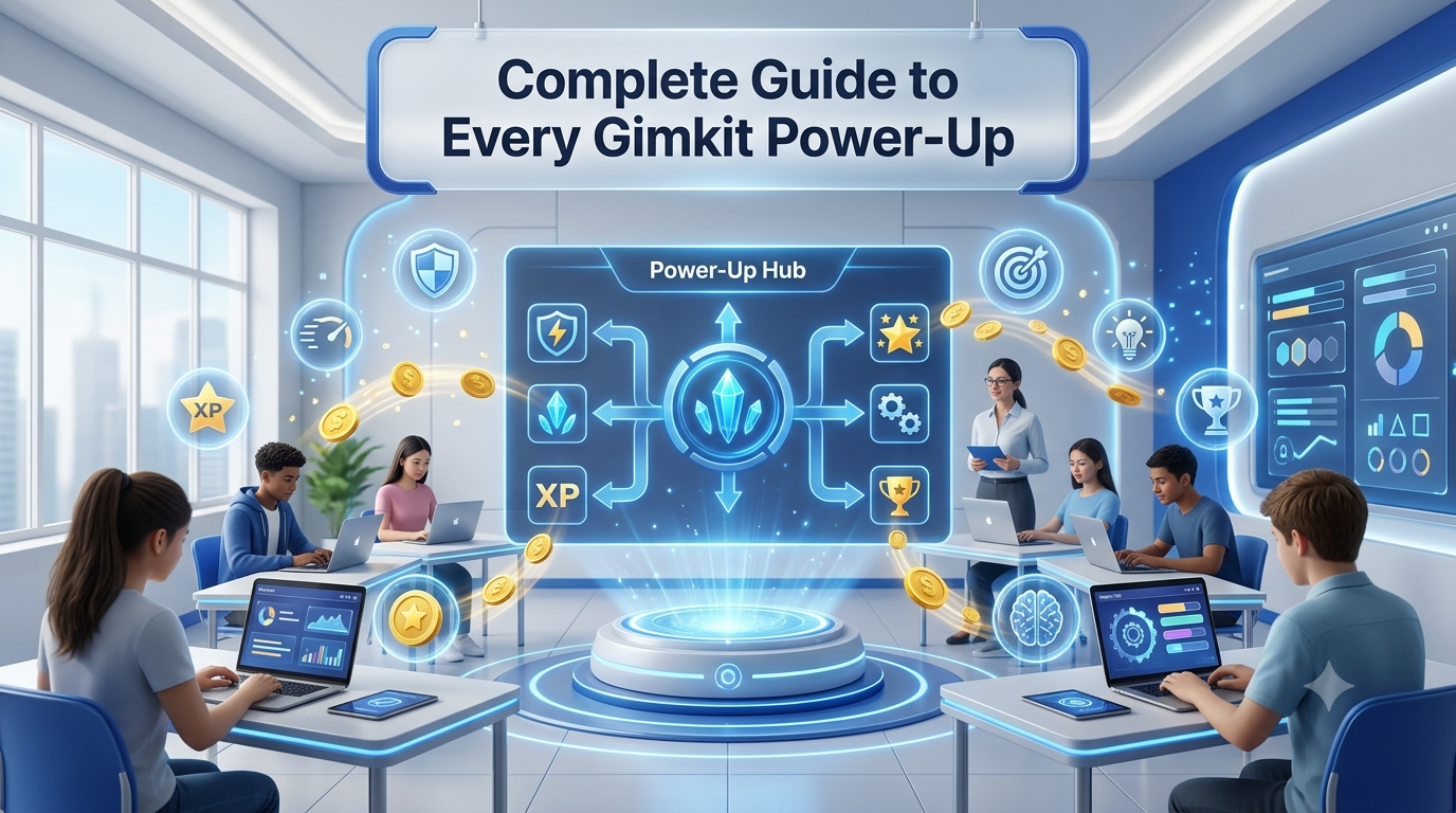 Premium 16:9 hero banner showing a futuristic Gimkit-inspired classroom game interface with strategic power-up icons, students making upgrade decisions, digital coins, glowing ability cards, resource management visuals, and a teacher observing gameplay in a modern smart classroom.Complete Guide to Every Gimkit Power-Up