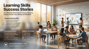 Premium editorial website hero banner showing students developing learning skills with Gimkit through collaboration, communication, creative problem-solving, critical thinking, and elegant infographic panels highlighting lifelong learning success.
