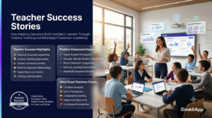 Premium editorial website hero banner featuring an inspiring teacher leading an interactive Gimkit classroom, showcasing student-centered learning, classroom leadership, positive relationships, and elegant infographic panels highlighting teacher success stories.