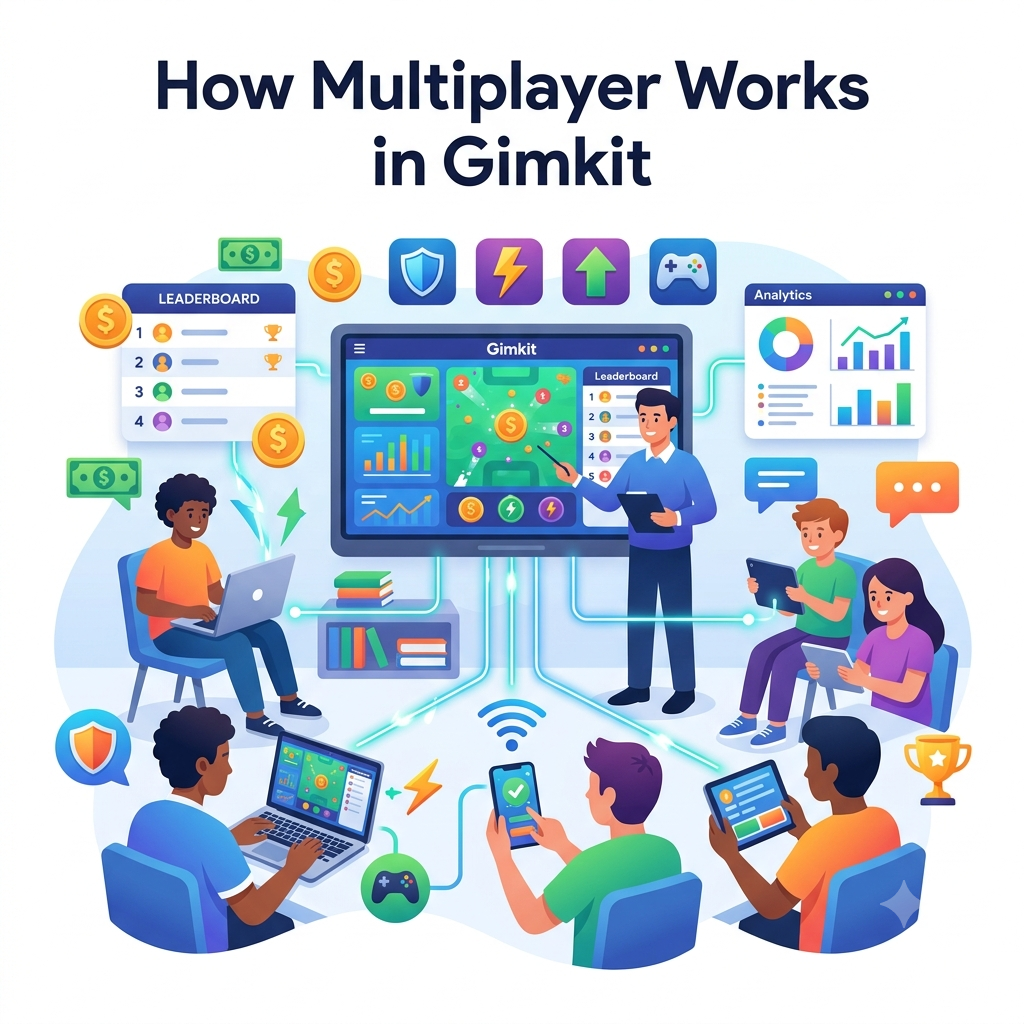 How Multiplayer Works in Gimkit illustration showing students joining a live classroom game with connected devices, teacher dashboard, virtual cash, and multiplayer gameplay.How Multiplayer Works in Gimkit