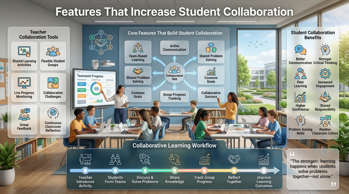 Educational infographic showing collaborative classroom features, student teamwork, communication, shared problem-solving, and teacher-guided group learning in a modern classroom.Features That Increase Student Collaboration – Complete Classroom Teamwork Guide (2026)