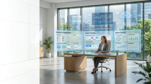 Premium 16:9 hero banner showing a teacher managing multiple classrooms with interactive dashboards, lesson planning tools, student progress analytics, assignment management, and blue holographic educational technology.