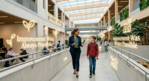 Premium 16:9 editorial hero image showing a teacher inspiring a student to overcome self-doubt through continuous encouragement, symbolizing growth mindset, resilience, and lifelong learning.