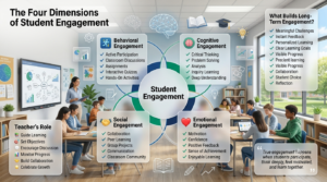 Which Learning Platform Keeps Students Engaged Longer.Modern classroom infographic illustrating the four dimensions of student engagement: behavioral, cognitive, emotional, and social learning.