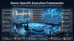 Premium gaming strategy infographic showing genre-specific execution frameworks, strategy comparison, progression planning, and a complete mastery audit for long-term gaming success.