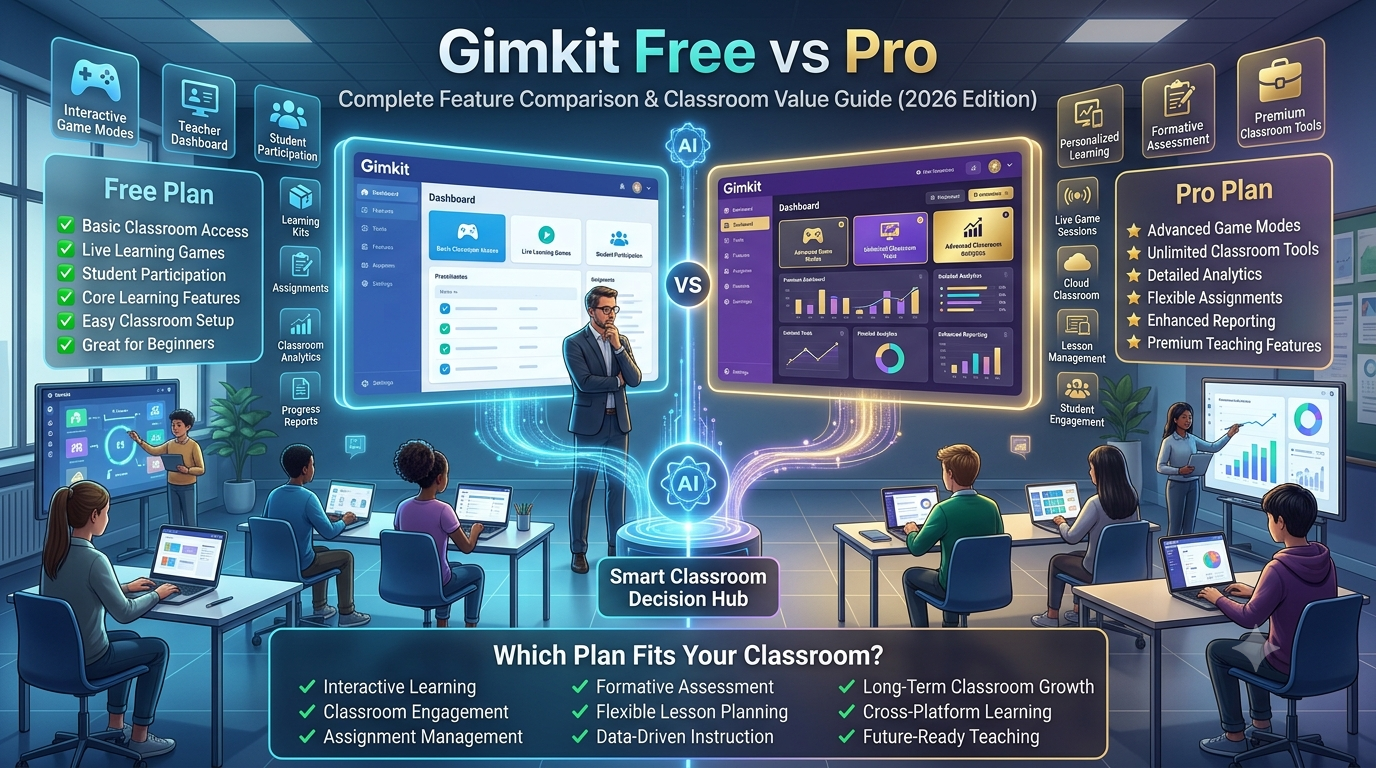Educational comparison infographic showing Gimkit Free and Pro dashboards side by side with teachers evaluating classroom features such as game modes, assignments, analytics, reporting, student engagement, and interactive learning tools in a modern smart classroom.Gimkit Free vs Pro: Complete Feature Comparison Guide (2026)
