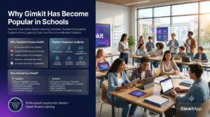 Premium editorial website hero banner showing a teacher using Gimkit in a modern smart classroom, with students actively participating in game-based learning, subject-based activities, classroom engagement analytics, and infographic panels explaining why Gimkit is popular in schools.