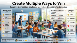Teacher leading an inclusive classroom competition while diverse students collaborate in teams using laptops and tablets, with infographic panels showing multiple ways to win, balanced team building, and strategic classroom roles.