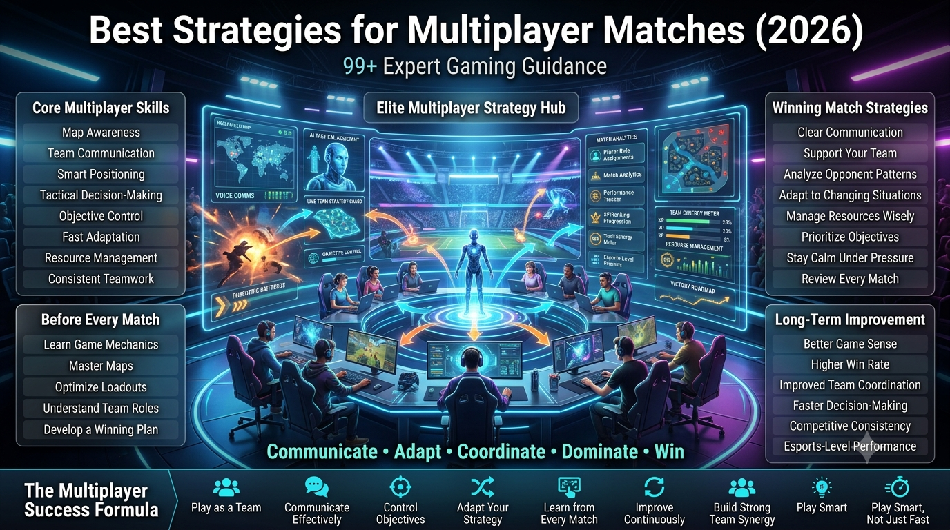 Premium 16:9 gaming strategy infographic showing expert multiplayer match strategies with teamwork, communication, tactical planning, map awareness, objective control, AI coaching, and esports performance analytics.Best Strategies for Multiplayer Matches: 99+ Expert Gaming Guide (2026)