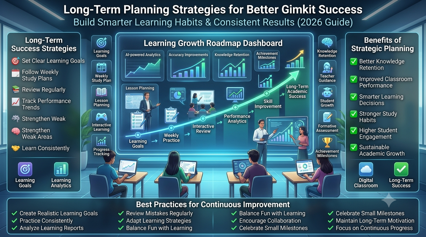 Educational infographic showing a long-term learning roadmap with teachers and students using interactive classroom technology, progress tracking, AI learning analytics, goal setting, and continuous academic improvement in a futuristic smart classroom.Long-Term Planning Strategies for Better Results for Gimkit Success