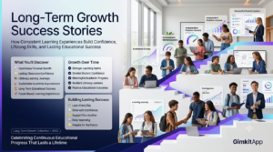 Premium editorial website hero banner illustrating long-term educational growth with Gimkit, featuring students progressing through different learning stages, confident teachers, collaborative classrooms, and elegant infographic panels highlighting lifelong learning success.